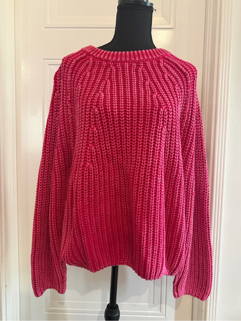 Free People Chunky Crewneck Sweater in Hot Pink
